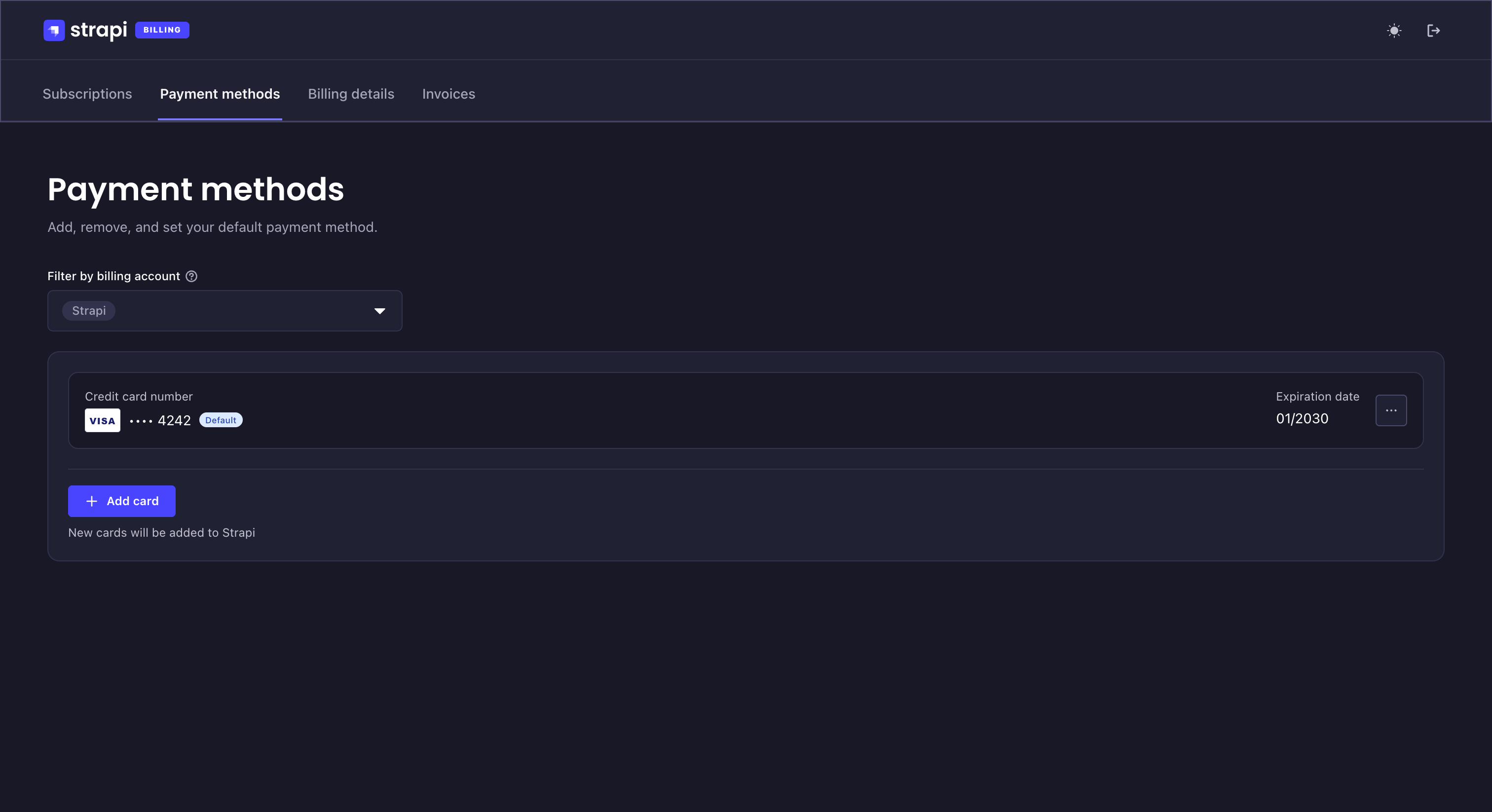 Billing portal screenshot: payment methods